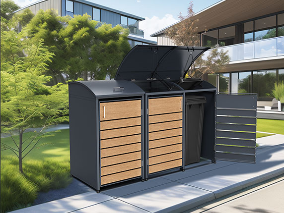 Mülltonnenboxen aus Stahl mit Holzoptik